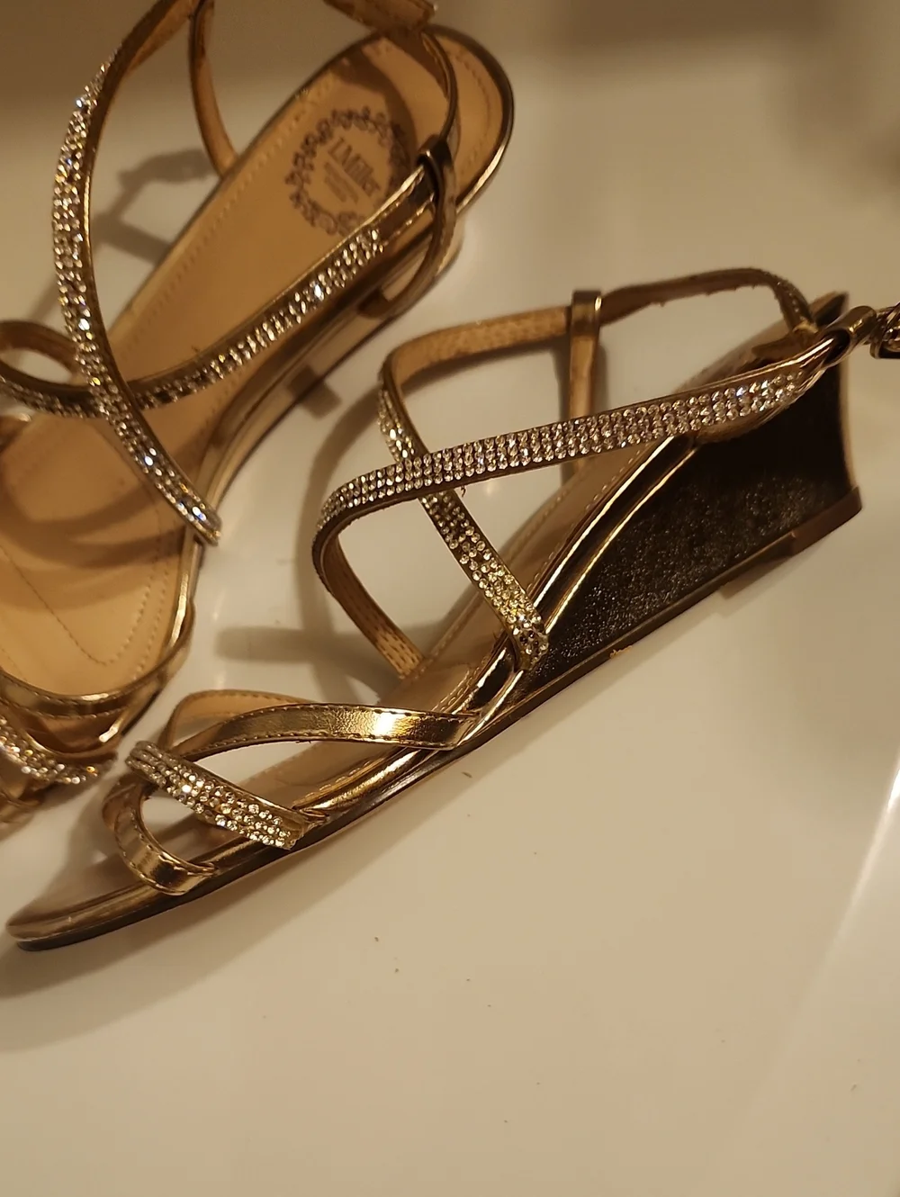 Gold Crystal-Strap Women's Heeled Sandals